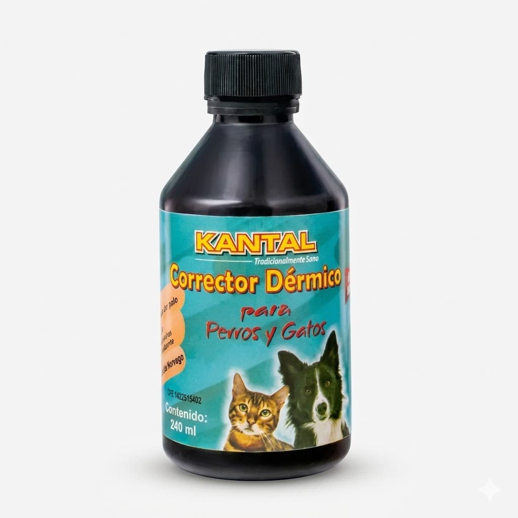 Corrector Dérmico Kantal para Perros y Gatos Suplemento Nutricional con Omega 3, 6 y 9 Salud de Piel y Pelaje Frasco 240 ml Control de Caída y Brillo.