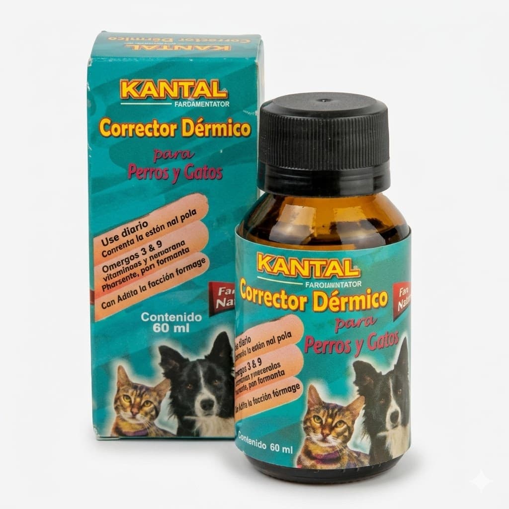Corrector Dérmico Kantal para Perros y Gatos Suplemento Nutricional con Omega 3, 6 y 9 Salud de Piel y Pelaje Frasco 60 ml Control de Caída y Brillo.