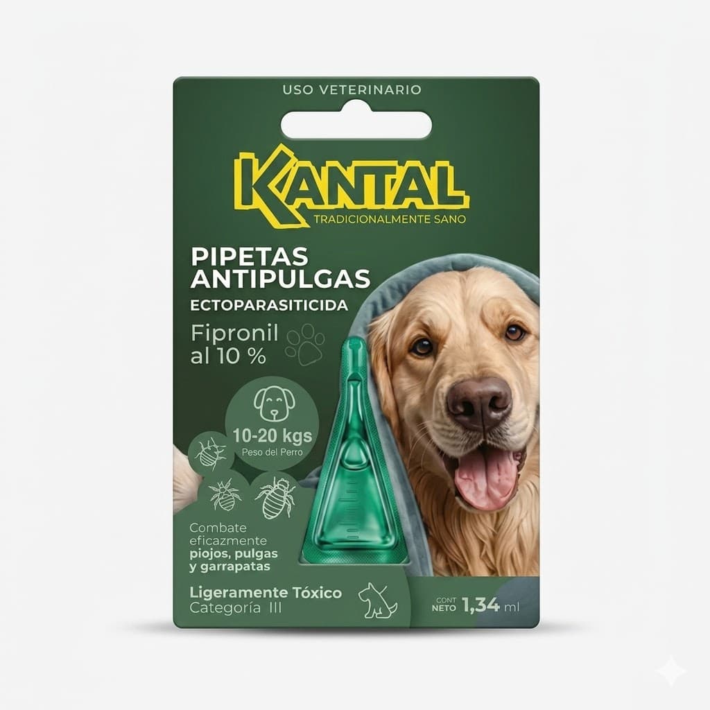 Pipeta Antipulgas Kantal para Perros de 10 a 20 kg Ectoparasiticida Fipronil al 10% Control de Pulgas Garrapatas y Piojos Protección Efectiva 1.34 ml.
