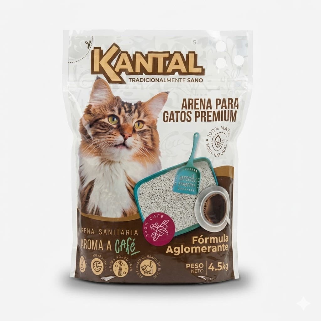 Arena Sanitaria Premium para Gatos Kantal Aroma a Café Alta Absorción Control de Olores Máxima Aglutinación Natural 4,5 kg