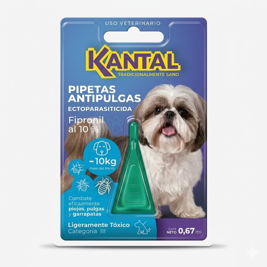 Pipeta Antipulgas Kantal para Perros de menos de 10 kg Ectoparasiticida Fipronil al 10% Control de Pulgas Garrapatas y Piojos Protección Efectiva para Razas Pequeñas.