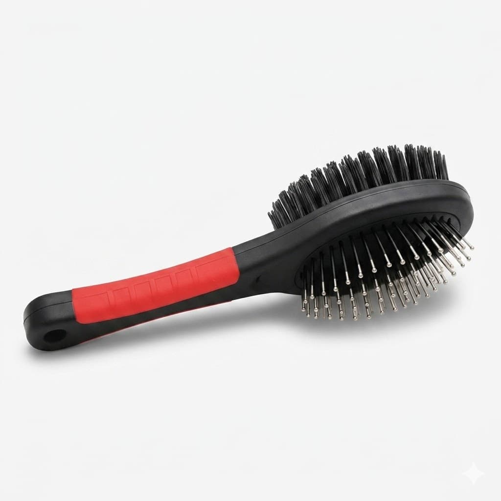 Cepillo de Doble Cara Pets Kingdom con Cerdas de Nailon Suave y Púas Metálicas con Puntas Protegidas para el Cuidado Integral del Pelaje de Perros y Gatos.