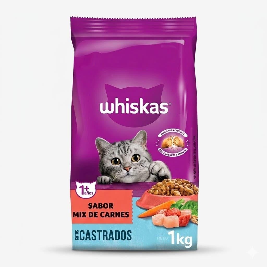 Whiskas Alimento Seco para Gatos Castrados Sabor Mix de Carnes 1 kg - Imagen 1