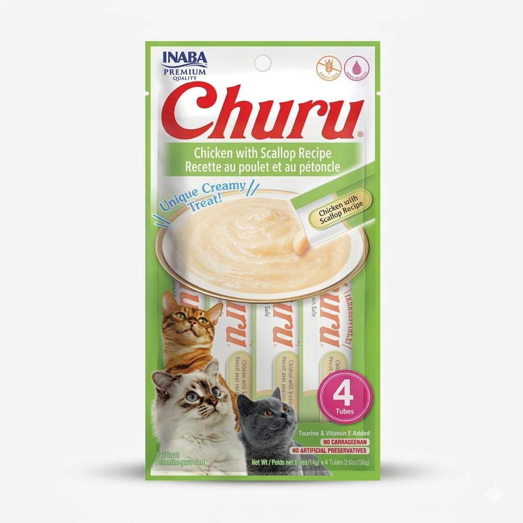 Inaba Churu Snack Húmedo y Cremoso para Gatos Sabor Vieiras - Premio Saludable 56 g
