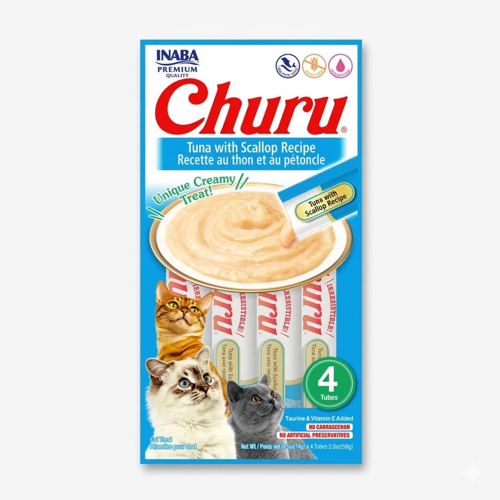 Inaba Churu Snack Húmedo y Cremoso para Gatos Sabor Atún y Vieiras 56 g