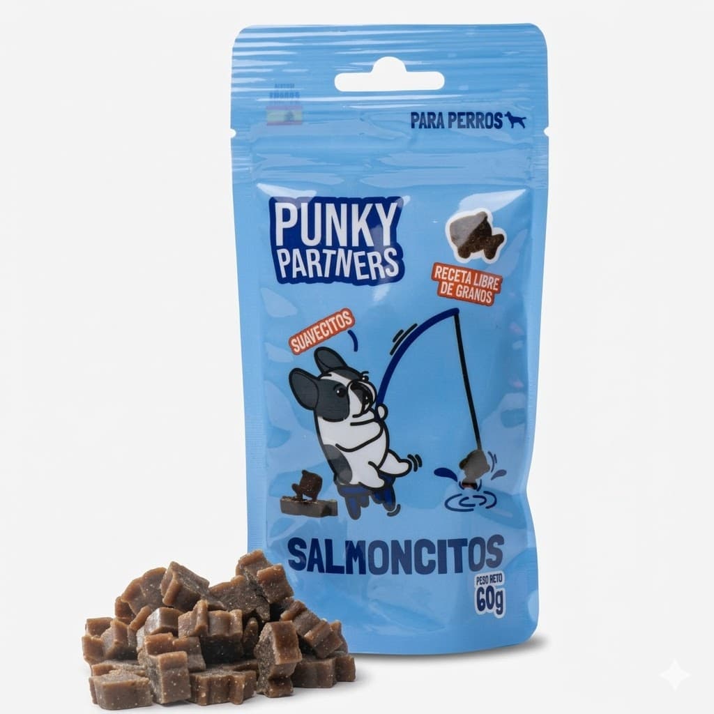 Punky Partners Salmoncitos para Perros 60 Gr - Premios Saludables Ricos en Omega con Sabor a Salmón - Imagen 1